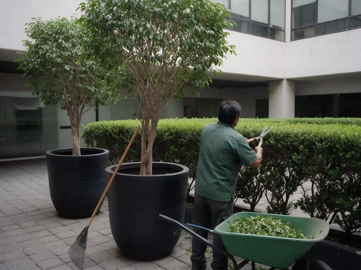 Jardinero podando arbustos en el patio de un corporativo