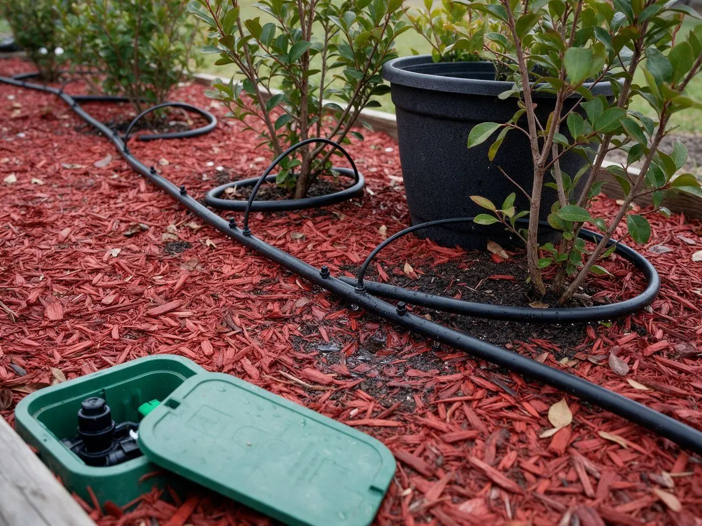 Manguera de riego por goteo junto a plantas en una jardinera